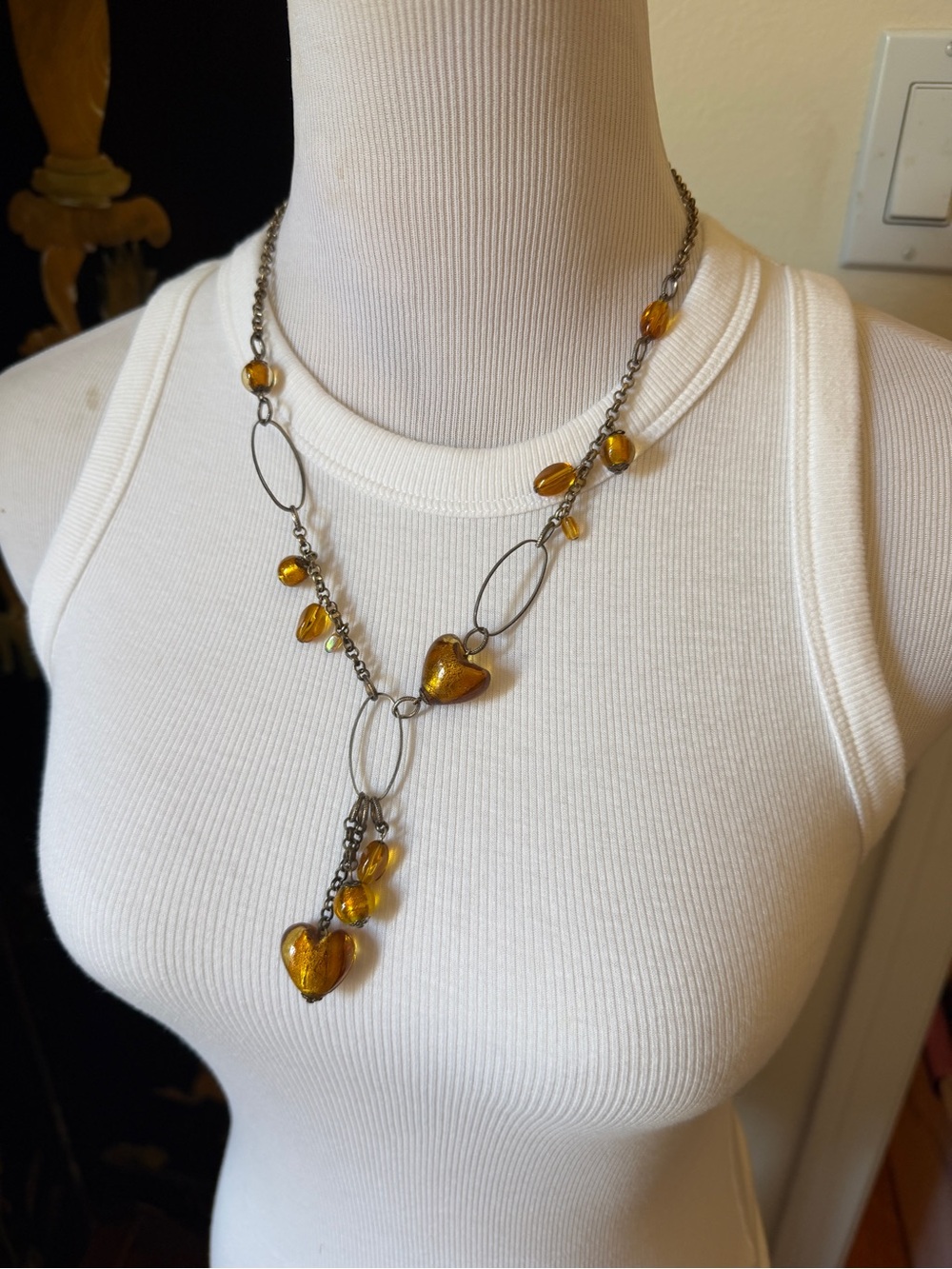 Vintage Golden Amber Heart Drop Necklace